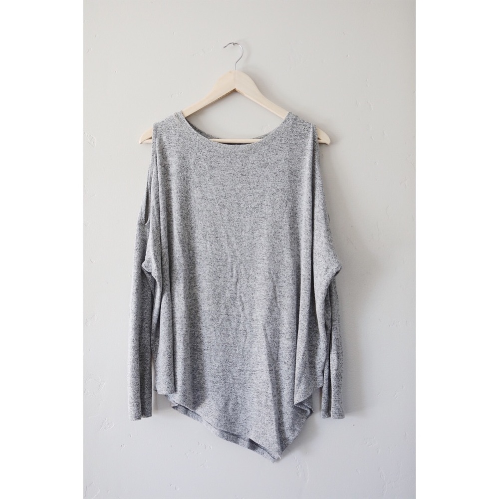 Cold shoulder heather gray a-symmetrical sweater